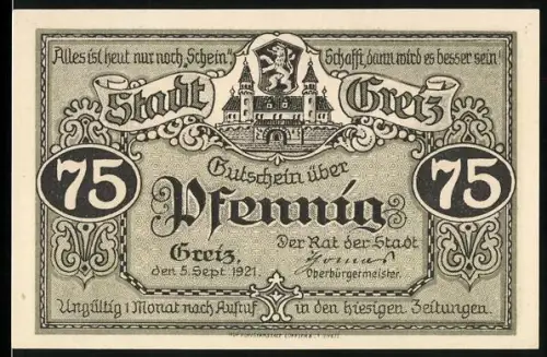 Notgeld Greiz 1921, 75 Pfennig, Stadtbild und Parksee mit Schwänen