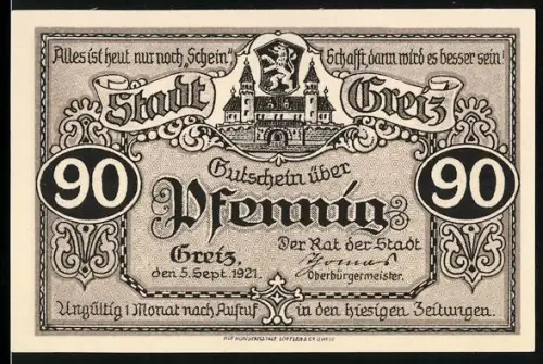 Notgeld Greiz 1921, 90 Pfennig, Ortsansicht mit Burg und Kirche