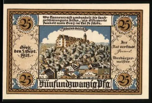 Notgeld Greiz 1921, 25 Pf, Schlossansicht und Stadtwappen