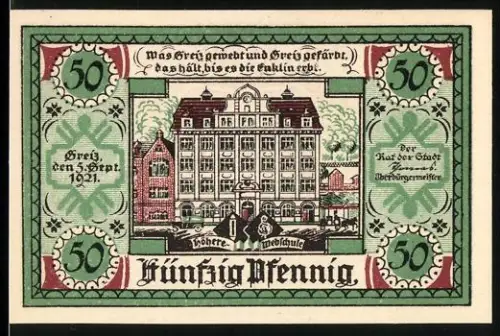 Notgeld Greiz 1921, 50 Pfennig, Höhere Webschule und Wappen von Greiz
