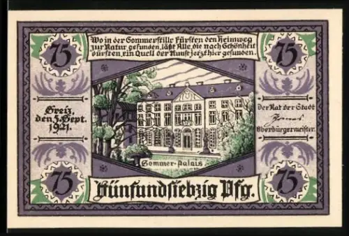 Notgeld Greiz 1921, 75 Pfennig, Sommerpalais und Stadtwappen von Greiz
