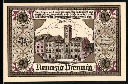 Notgeld Greiz 1921, 90 Pfennig, Rathaus und Wappen von Greiz