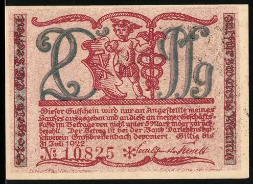 Notgeld Grossbreitenbach i. Thüringen 1922, 50 Pfennig, Handwerker bei der Arbeit und Putto mit Amboss und Hammer