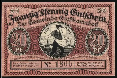 Notgeld Grosskamsdorf 1921, 20 Pfennig, Bauer mit Pflug und Bergmann mit Landschaft