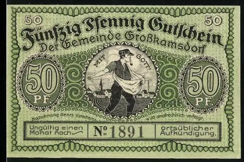 Notgeld Grosskamsdorf 1921, 50 Pfennig, Bergmann mit Haus und Landschaft, Glück-auf und Gedicht