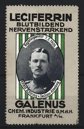Reklamemarke Frankfurt / Main, Leciferrin Blutbildend Nervenstärkend, Porträt Ernst Herzog v. Sachsen-Altenburg