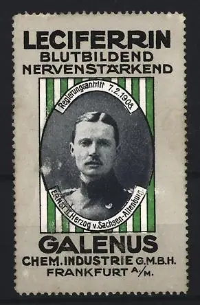 Reklamemarke Frankfurt / Main, Leciferrin Blutbildend Nervenstärkend, Ernst Herzog v. Sachsen-Altenburg