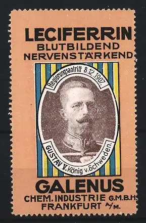 Reklamemarke Frankfurt / Main, Leciferrin Blutbildend Nervenstärkend, Porträt Gustav V. König v. Schweden