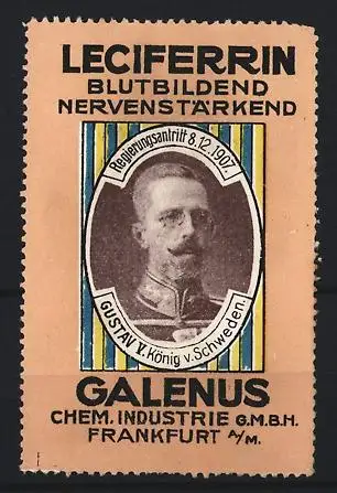 Reklamemarke Frankfurt / Main, Leciferrin blutbildend nervenstärkend, Gustav V. König v. Schweden