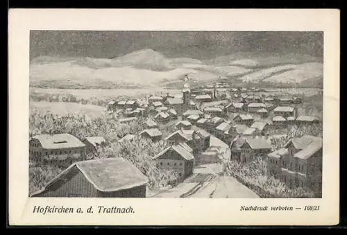 Künstler-AK Hofkirchen a. d. Trattnach, Strassenpartie mit Rathaus im Winter