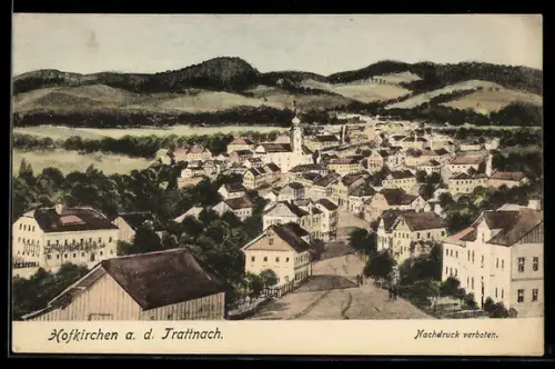 Künstler-AK Hofkirchen a. d. Trattnach, Teilansicht mit Rathaus