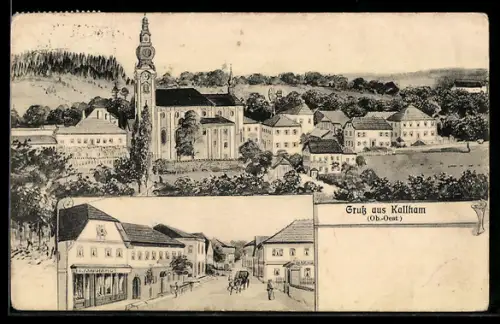 Künstler-AK Kallham /Ob.-Oest., Strassenpartie mit Geschäft, Kirche