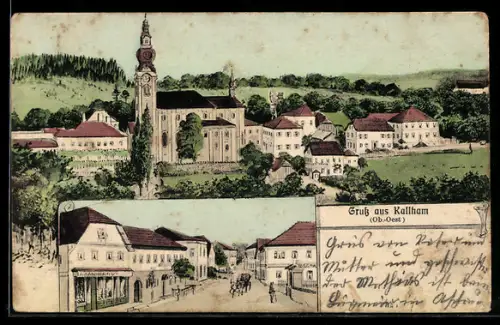 Künstler-AK Kallham /Ob.-Oest., Strassenpartie mit Geschäft, Kirche
