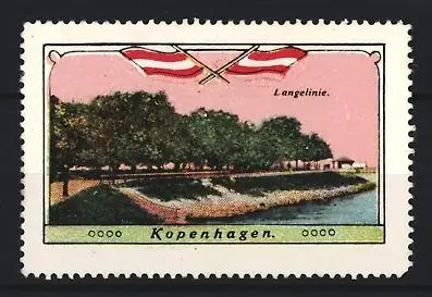 Reklamemarke Kopenhagen, Langelinie, dänische Flaggen und Küstenlandschaft