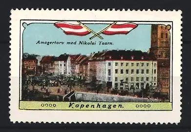 Reklamemarke Kopenhagen, Amagertorv med Nikolai Taarn, dänische Flaggen