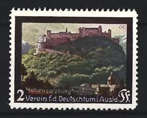 Reklamemarke Hohensalzburg, Verein für das Deutschtum im Ausland, Festung auf Hügel
