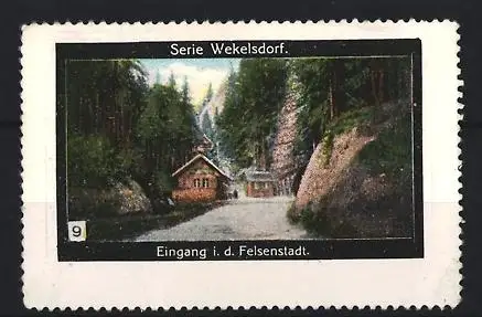 Reklamemarke Wekelsdorf, Eingang in der Felsenstadt, Waldlandschaft