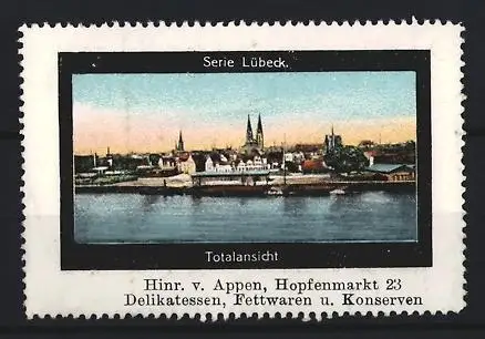 Reklamemarke Lübeck, Hinr. v. Appen Delikatessen, Ortsansicht mit Türmen