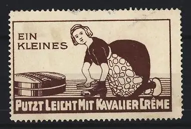 Reklamemarke Kavalier Cremne, Frau beim Schuhputz mit Kavalier Crème