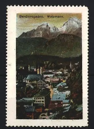 Reklamemarke Berchtesgaden, Watzmann, Berglandschaft und Ortsansicht