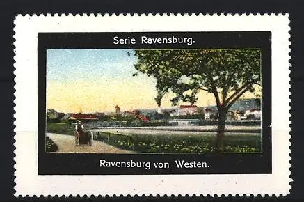 Reklamemarke Ravensburg, Ravensburg von Westen, Landschaftsansicht