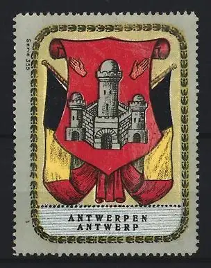 Reklamemarke Antwerpen, Wappen, Burg auf rotem Schild mit Händen