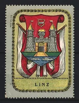 Reklamemarke Linz, Stadtwappen mit Burg und Fluss