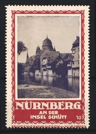 Reklamemarke Nürnberg, An der Insel Schütt, Ortsansicht mit Fluss