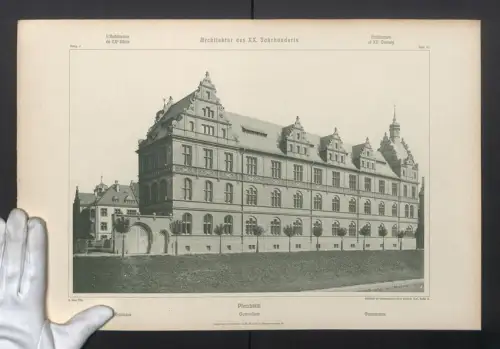 Fotografie Lichtdruck Ernst Wasmuth, Berlin, Ansicht Pforzheim, Gymnasium, Architekt H. Henz, Grossformat 48 x 32cm