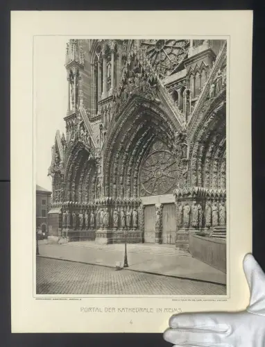 Fotografie Lichtdruck Carl Ebner, Stuttgart, Ansicht Reims, Portal der Kathedrale, Grossformat 33 x 44cm