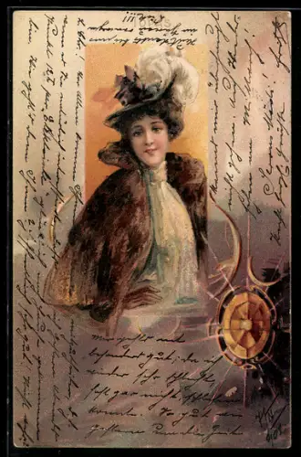 AK Junge Dame im Pelzmantel, Jugendstil
