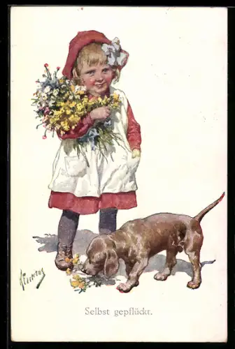 Künstler-AK Karl Feiertag: Mädchen mit Blumen und Dackel