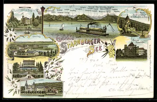 Lithographie Starnberg, Ortsansicht, Schloss Berg, Hotel Romannshöhe, Starnberger See