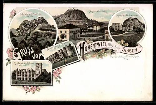 Lithographie Hohentwiel, Kirche mit Kirchturm, Hadwig`s Schloss mit Ekkehardsturm, Festungsruine