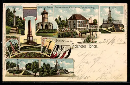 Lithographie Spichern, Spicherer Höhen, Restaurant von J. Woll auf dem Spicherer Berg, Winterberg-Denkmal, 74er