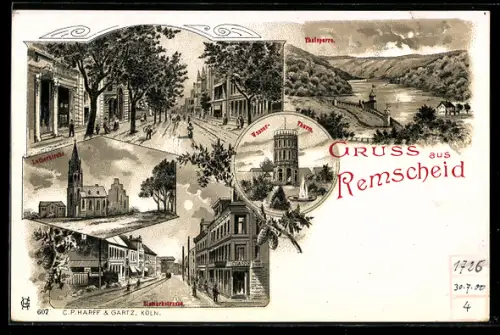 Lithographie Remscheid, Lutherkirche, Wasserturm, Bismarckstrasse