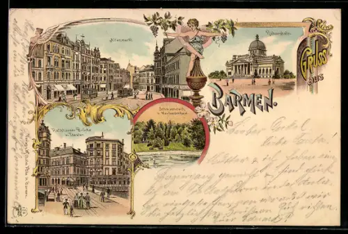 Lithographie Barmen, Ruhmeshalle, Altenmarkt, Rathhauser Brücke und Theater
