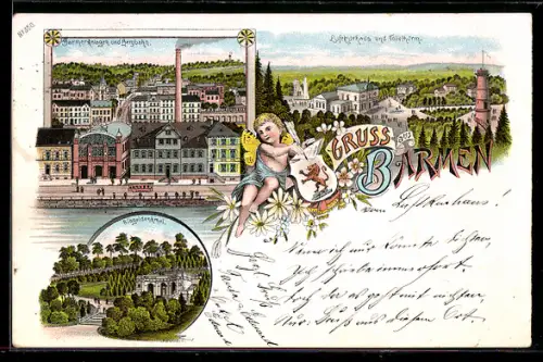 Lithographie Barmen, Luftkurhaus & Tollethurm, Ringeldenkmal, Barmer-Anlagen & Bergbahn