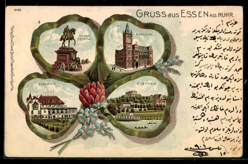 Passepartout-Lithographie Essen, Villa Hügel, Ruhrstein, Rathaus & Kaiser-Denkmal, Ansichten im Kleeblatt