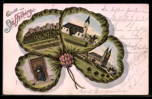 Passepartout-Lithographie Staffelberg, Ortsansicht, Kirche im Kleeblatt