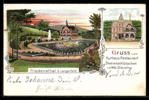 Lithographie Friedensthal b. Langerfeld, Kurhaus Restaurant Staarenschlösschen, Inh. WIlh. Stieveling
