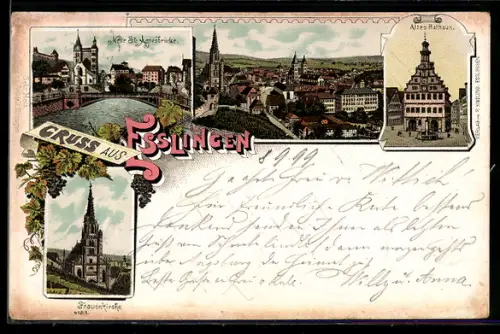 Lithographie Esslingen, Neue St. Agnesbrücke, Altes Rathaus, Frauenkirche