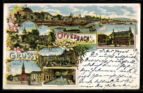 Lithographie Offenbach, Alicenplatz, Altes Schloss, Stadtbad, Kath. Kirche