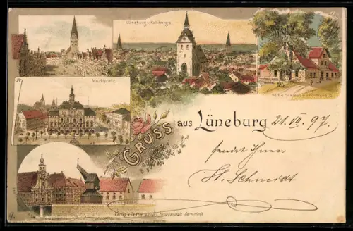 Lithographie Lüneburg, Marktplatz, Rathaus, Stadt vom Kalkberge