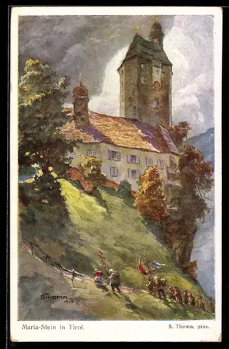 Künstler-AK Maria-Stein in Tirol, Kirche mit Turm auf Anhöhe