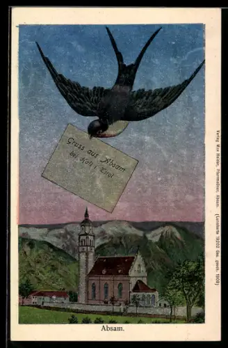 Lithographie Absam bei Hall, Kirche, Schwalbe mit Brief