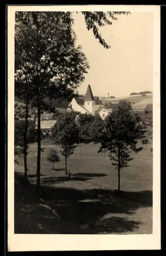Foto-AK Schönau im Mühlkreis, Ortsansicht mit Kirche und Wiesen