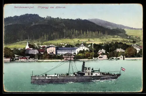 AK Weyregg am Attersee, Seepanorama mit Dampfschiff und Kirche