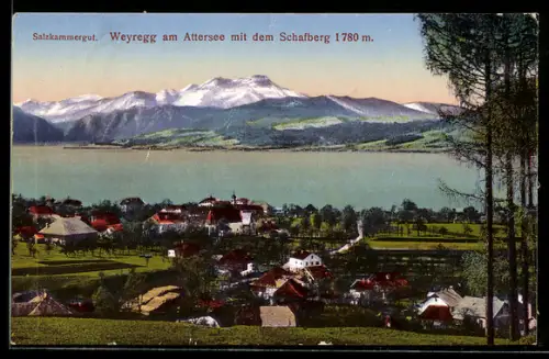 AK Weyregg am Attersee, Panorama mit See und Schafberg