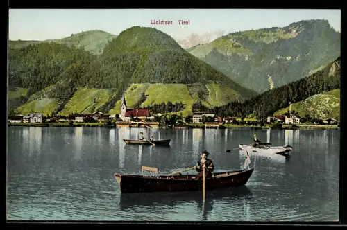 AK Walchsee /Tirol, See mit Ruderbooten und Dorfkirche